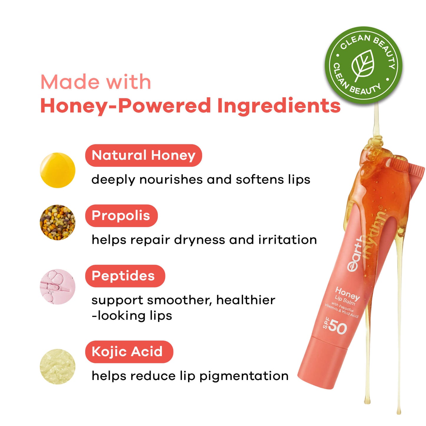 Earth Rhythm Honey Lip Balm Spf 50 Brightens Lips With Propolis, Peptides & Kojic Acid - Cherry Blossom