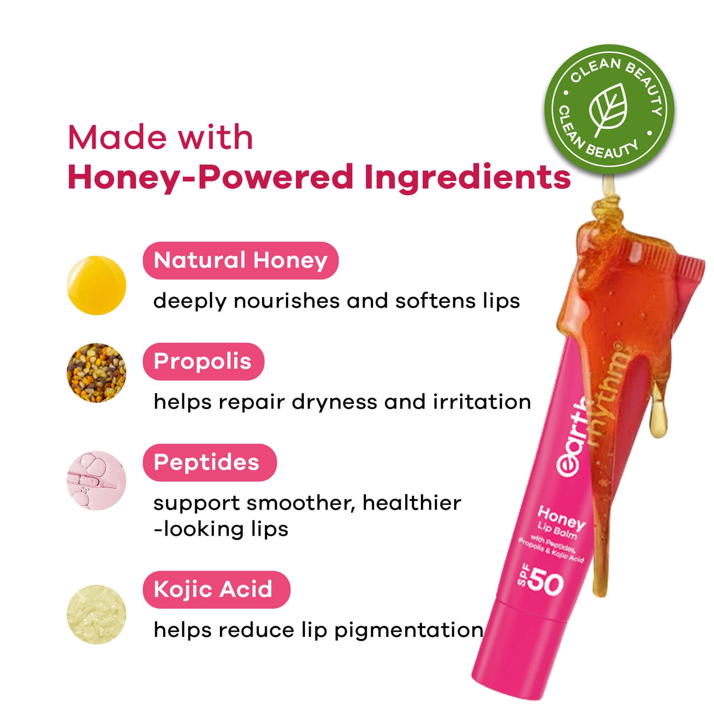 Earth Rhythm Honey Lip Balm Spf 50 Brightens Lips With Propolis, Peptides & Kojic Acid - Wildflower