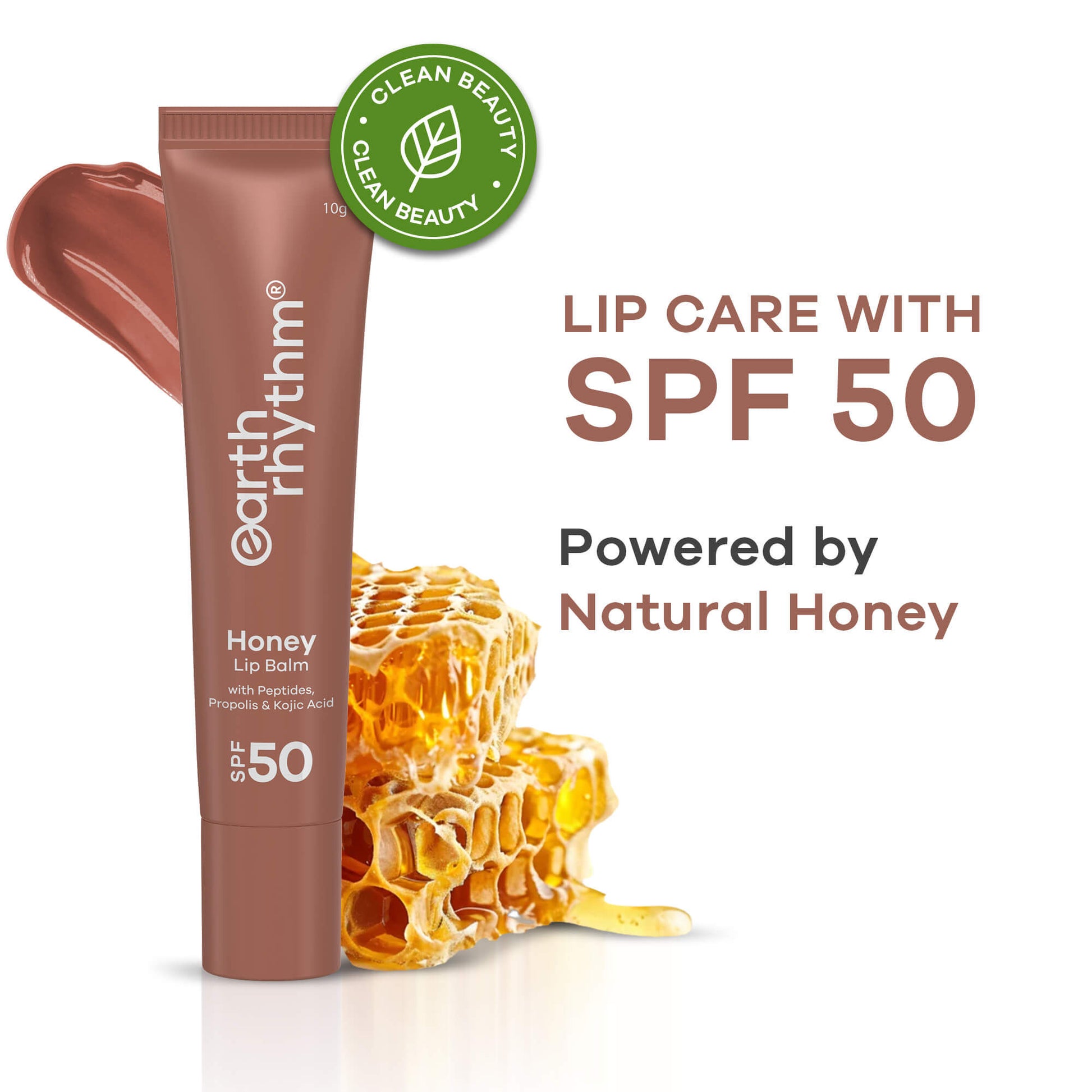 Earth Rhythm Honey Lip Balm Spf 50 Brightens Lips With Propolis, Peptides & Kojic Acid - Hazelnut