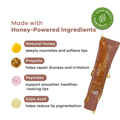 Earth Rhythm Honey Lip Balm Spf 50 Brightens Lips With Propolis, Peptides & Kojic Acid - Hazelnut
