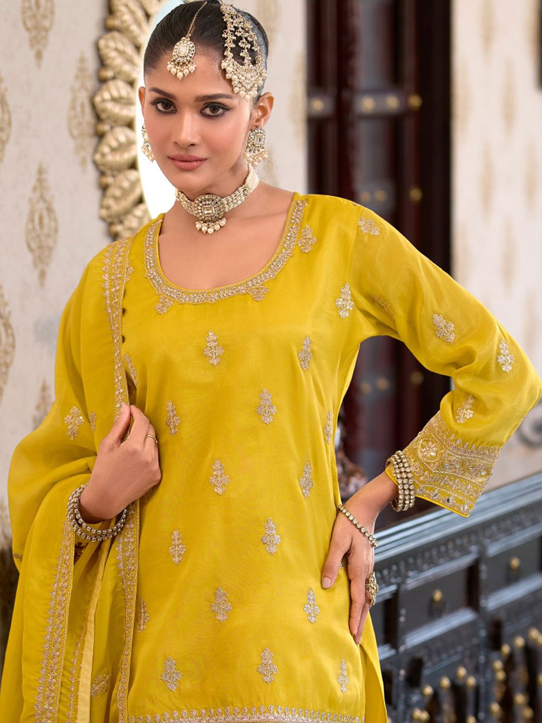 Indyancart IE Women Ethnic Motifs Embroidered Regular Kurta with Palazzos & With Dupatta