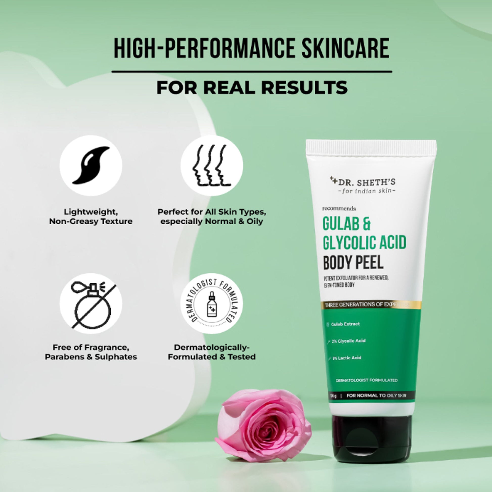 Dr. Sheth's Gulab & Glycolic Acid Body Peel for Glow I Exfoliating, Brightening & Tan Removal | 100g