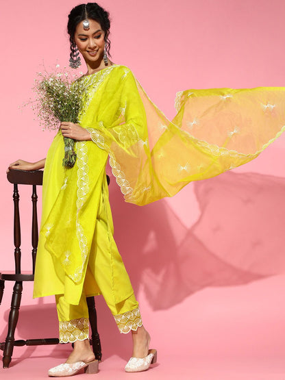 Lime Green Silk Blend Scalloped Edge Kurta Set