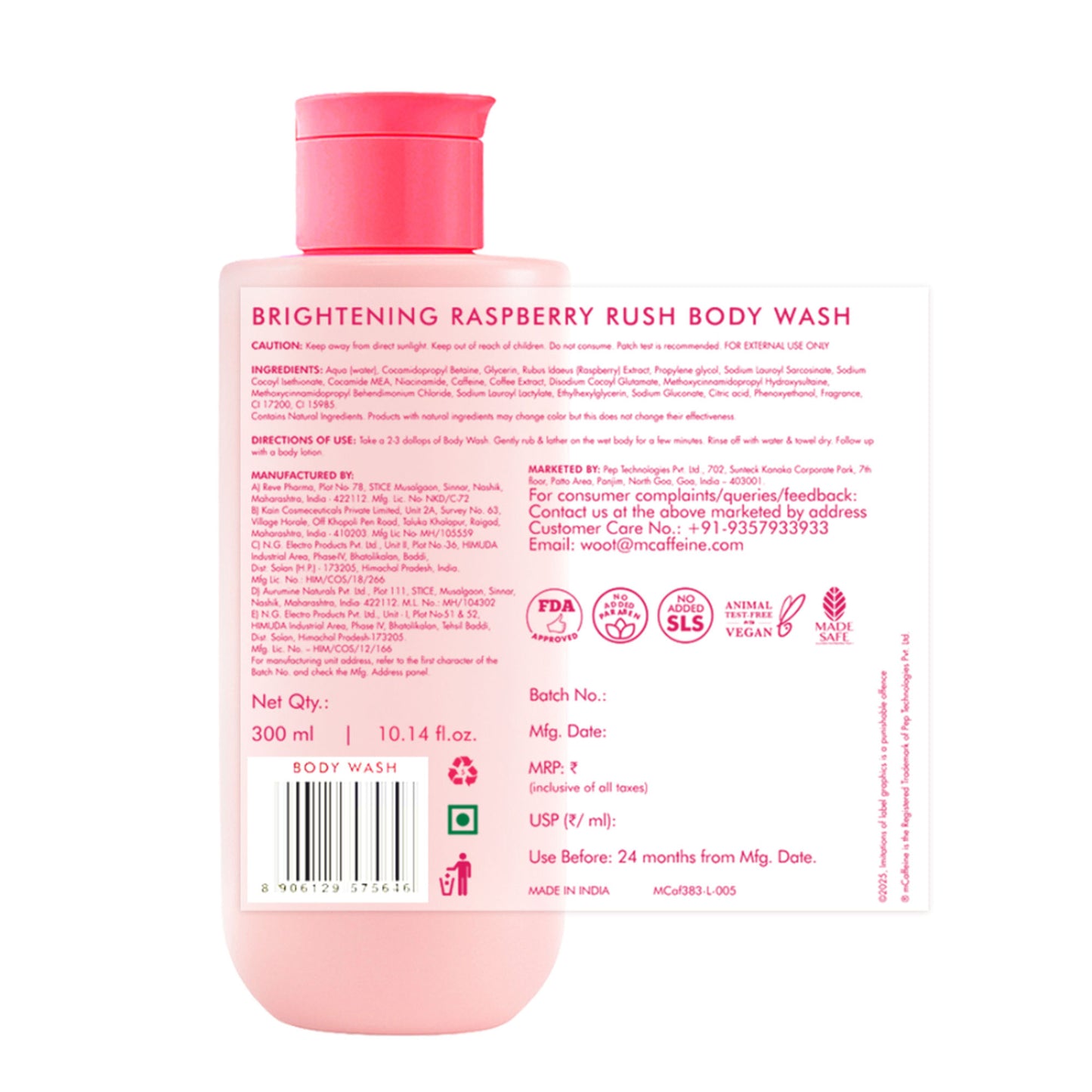 MCaffeine Brightening Body Wash 5% Niacinamide & Raspberry Boosts Glow, 5% Glycerine Softens Skin