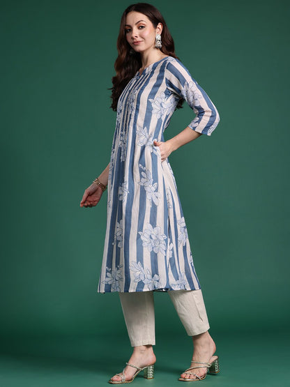 Indyancart IE Women Floral Printed Regular Pure Cotton Kurta with Trousers