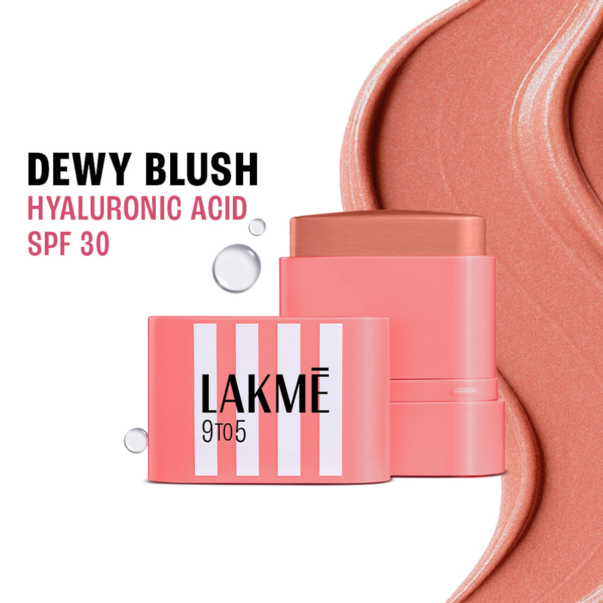 Lakme 9to5 Hya Beach Edit Pink Afterhours blush with SPF 30, creamy texture and dewy finish, shown in a close-up image.