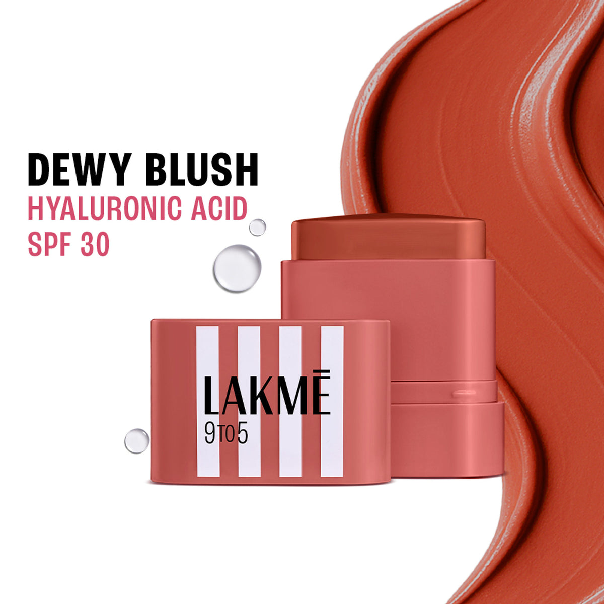 Lakme 9to5 Hya Beach Edit Blush in Off Duty Coral with SPF 30, creamy texture and dewy finish, shown on model's cheek.
