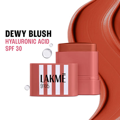 Lakme 9to5 Hya Beach Edit Blush in Off Duty Coral with SPF 30, creamy texture and dewy finish, shown on model's cheek.