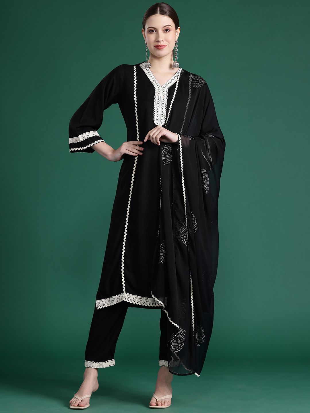 Dhiyona IE Embroidered Panelled Mirror Work Kurta With Trousers & Dupatta