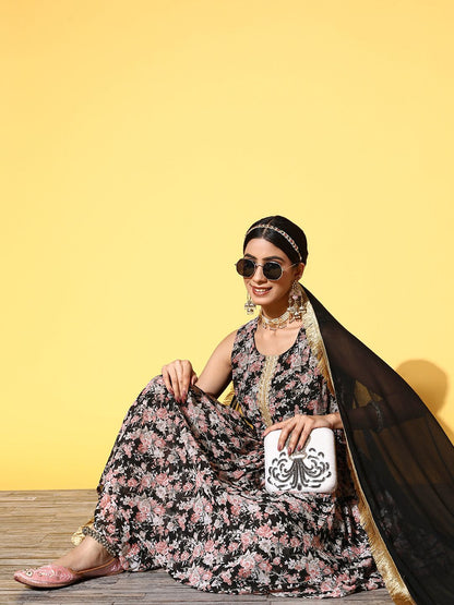 Indyancart VA Women Black Floral Printed Pleated Kurta with Sharara & With Dupatta