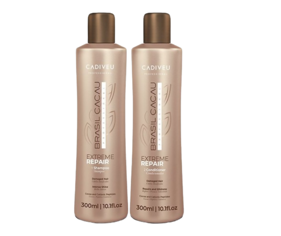Cadiveu Brasil Cacau Extreme Repair Shampoo and Conditioner set for damaged hair, with nourishing formula and sleek packaging.
