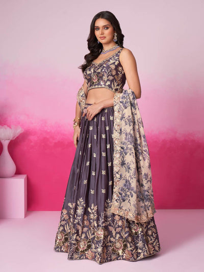 Women Purple Satin silk Sequins embroidery  Lehenga choli & Dupatta