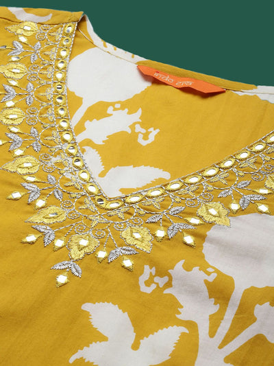 Dhiyona IE Floral Printed Mirror Work Pure Cotton Kurta With Trousers & Dupatta