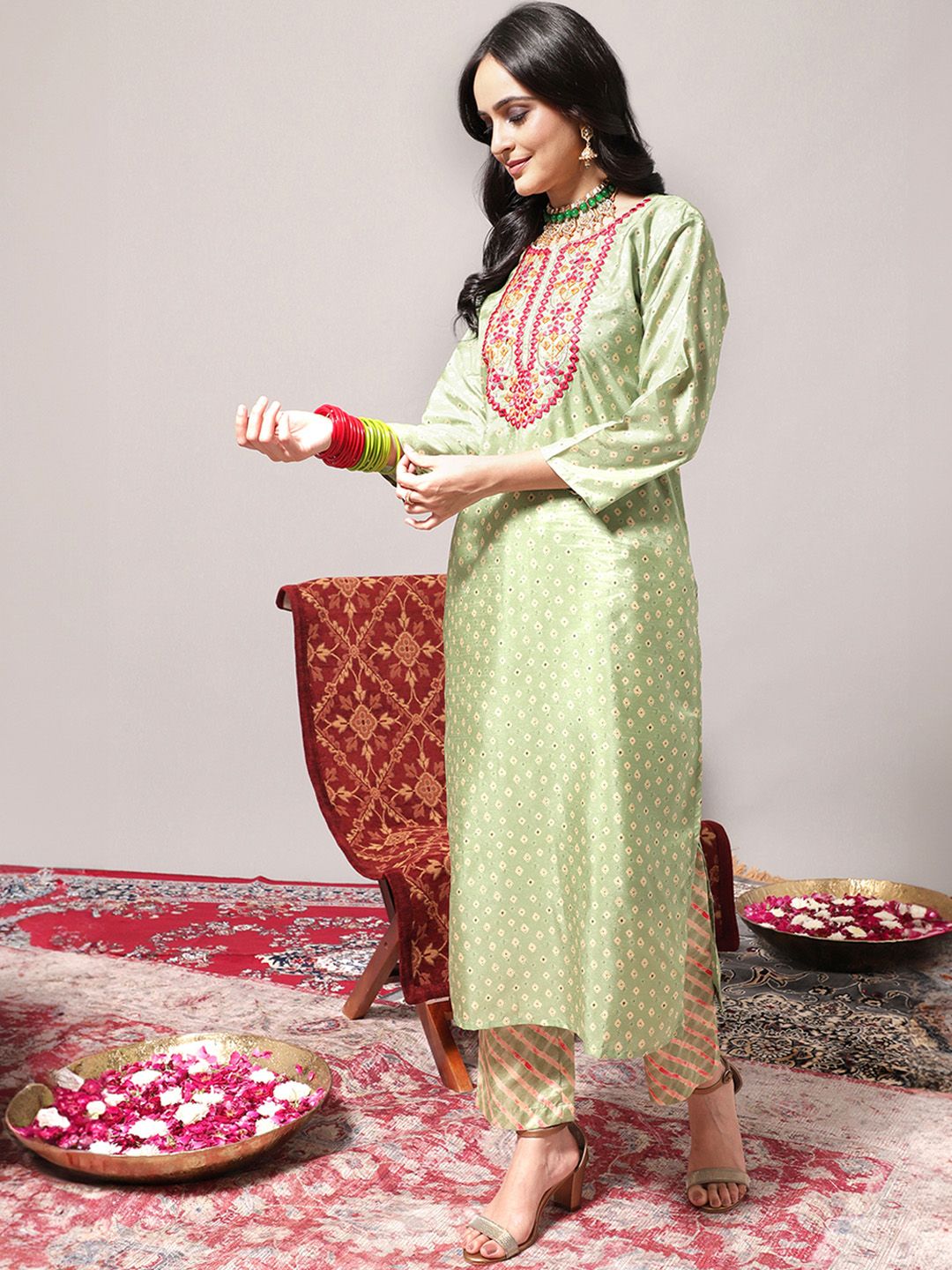 Indyancart VA Women's Green Leheriya Embroidered Mirror Work Kurta with Trousers & With Dupatta