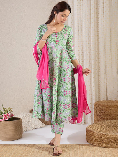 Indyancart IE Floral Printed V-Neck Pure Cotton A-Line Kurta & Trousers With Dupatta