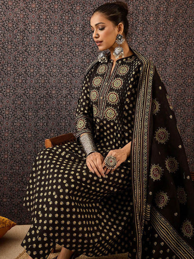 Indyancart IE Women Ethnic Motifs Embroidered Panelled Thread Work Pure Cotton Kurta with Trousers & With Dupatta