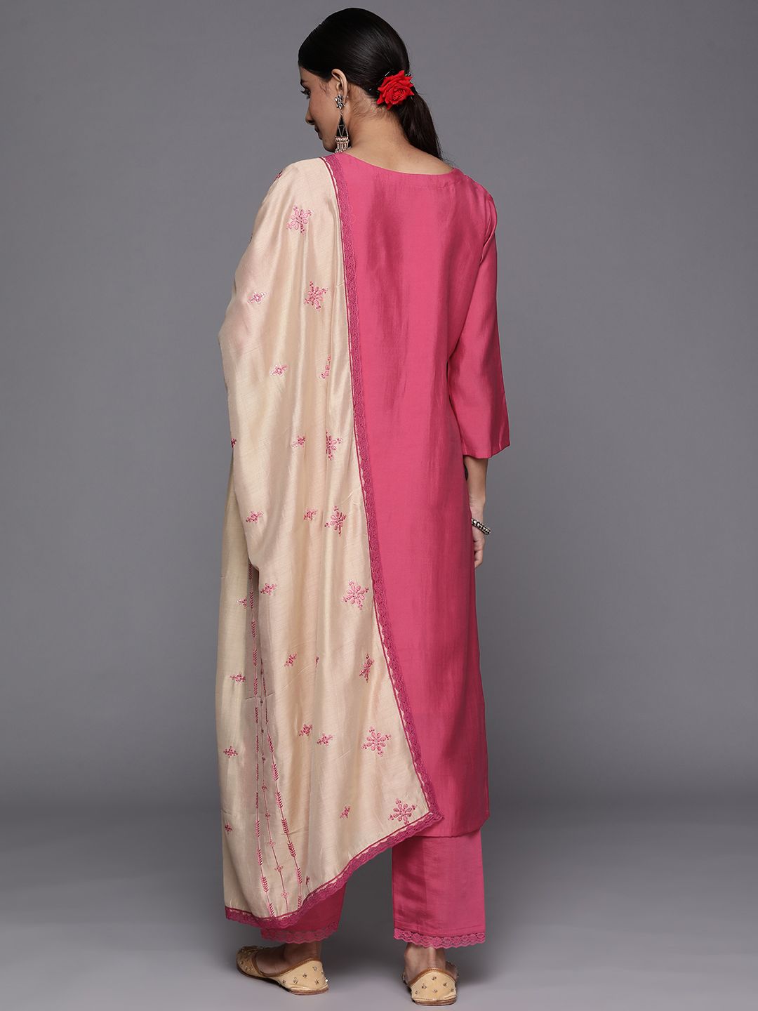 Indyancart VA Women's Pink Ethnic Motifs Embroidered Thread Work Kurta with Trousers & With Dupatta