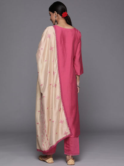 Indyancart VA Women's Pink Ethnic Motifs Embroidered Thread Work Kurta with Trousers & With Dupatta
