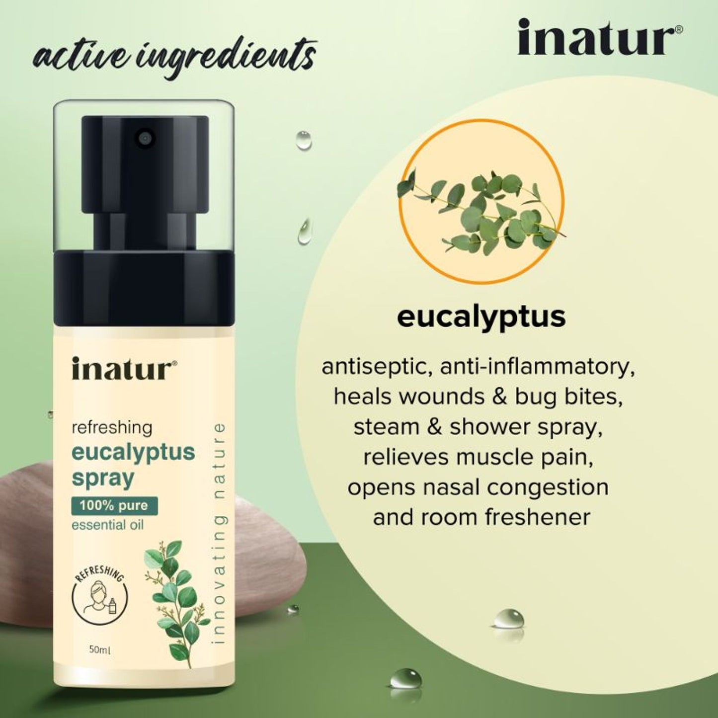 inatur Eucalyptus Spray, 100% Natural, for Shower, Steam & Diffuser, Relief Stiffness & Congestion