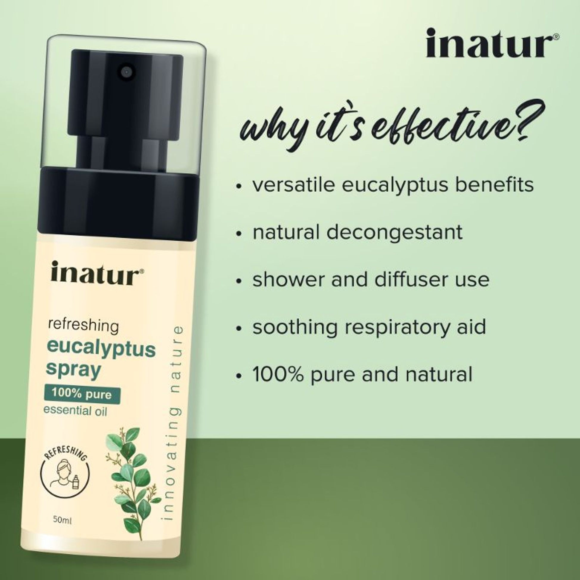 inatur Eucalyptus Spray, 100% Natural, for Shower, Steam & Diffuser, Relief Stiffness & Congestion