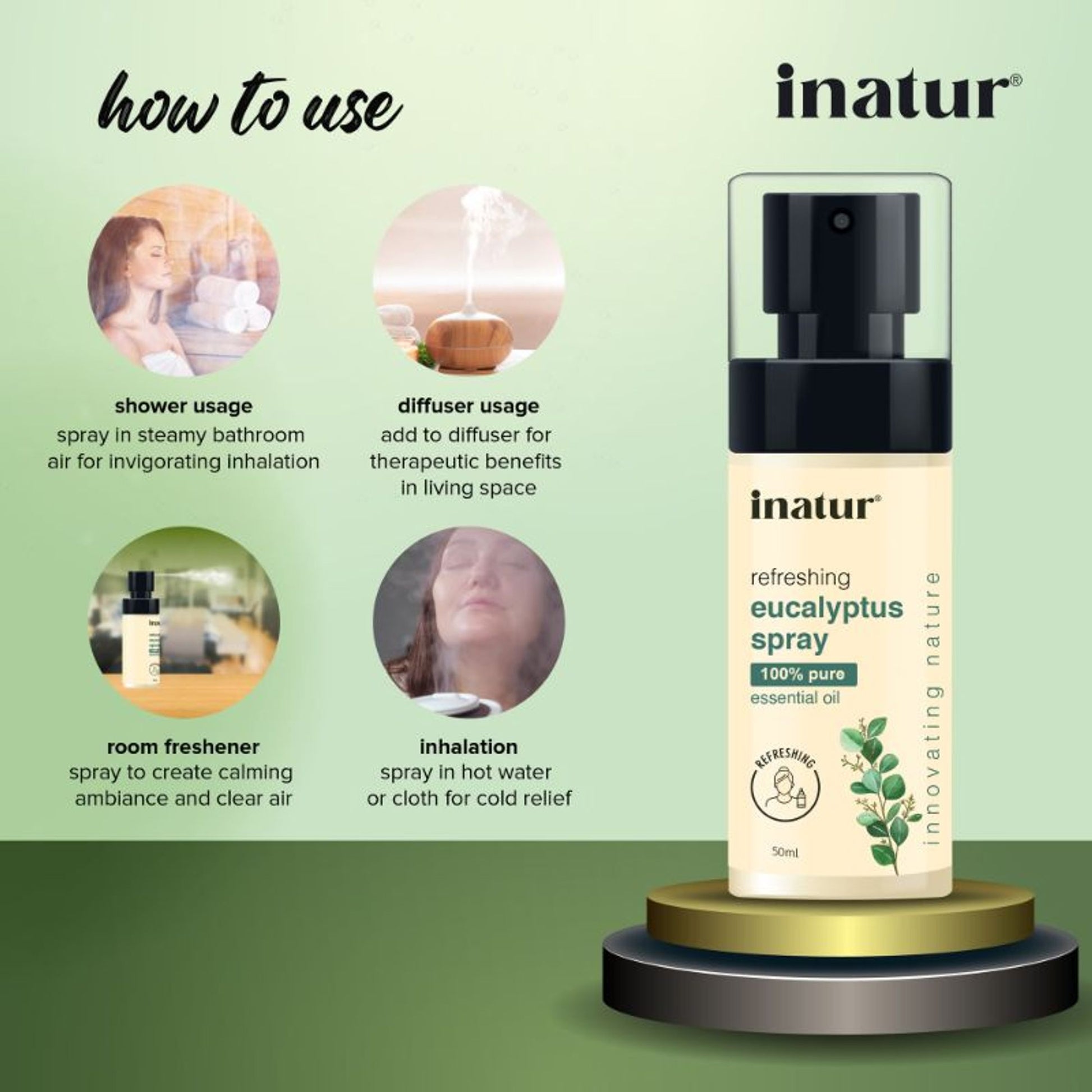 inatur Eucalyptus Spray, 100% Natural, for Shower, Steam & Diffuser, Relief Stiffness & Congestion