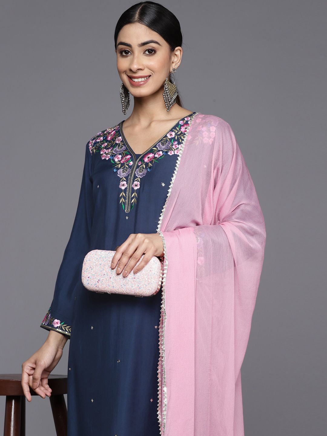 Indyancart VA Women'sFloral Yoke Design Regular Sequinned Kurta with Trousers & With Dupatta