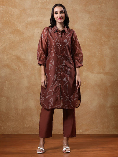 Indyancart VA Women's Bandhani Printed Regular Chanderi Silk Kurta with Trousers