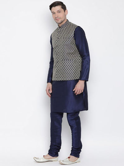 Men's Dark Blue Silk Blend Straight Jacket  Kurta and Pyjama Set