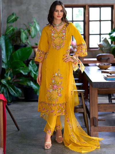 Indyancart IE Women Floral Embroidered Panelled Sequinned Kurta with Trousers & With Dupatta