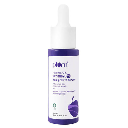 Plum Rosemary & 3% Redensyl Hair Growth Serum bottle, natural hair serum for thicker, healthier hair with herbal ingredients.