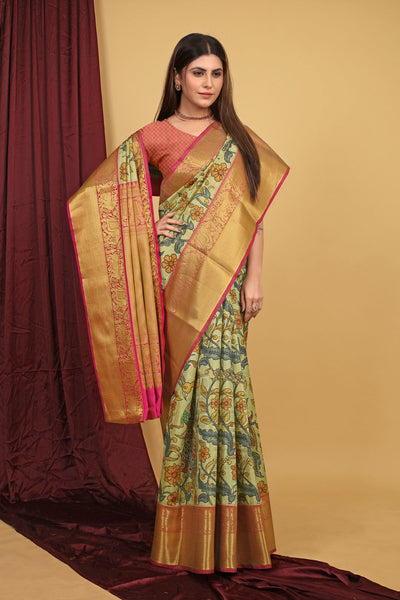 Indyancart GR Women's Pista Green Kalamkari Silk Saree