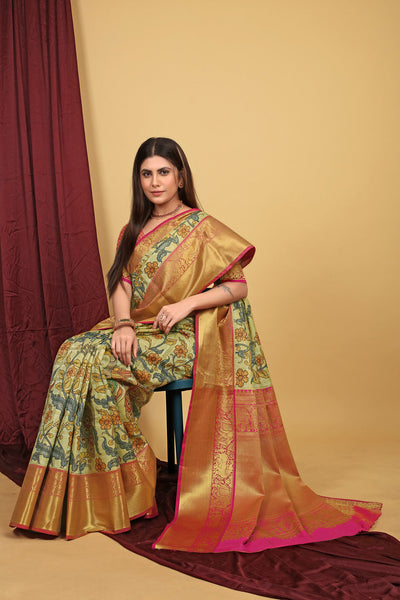 Indyancart GR Women's Pista Green Kalamkari Silk Saree