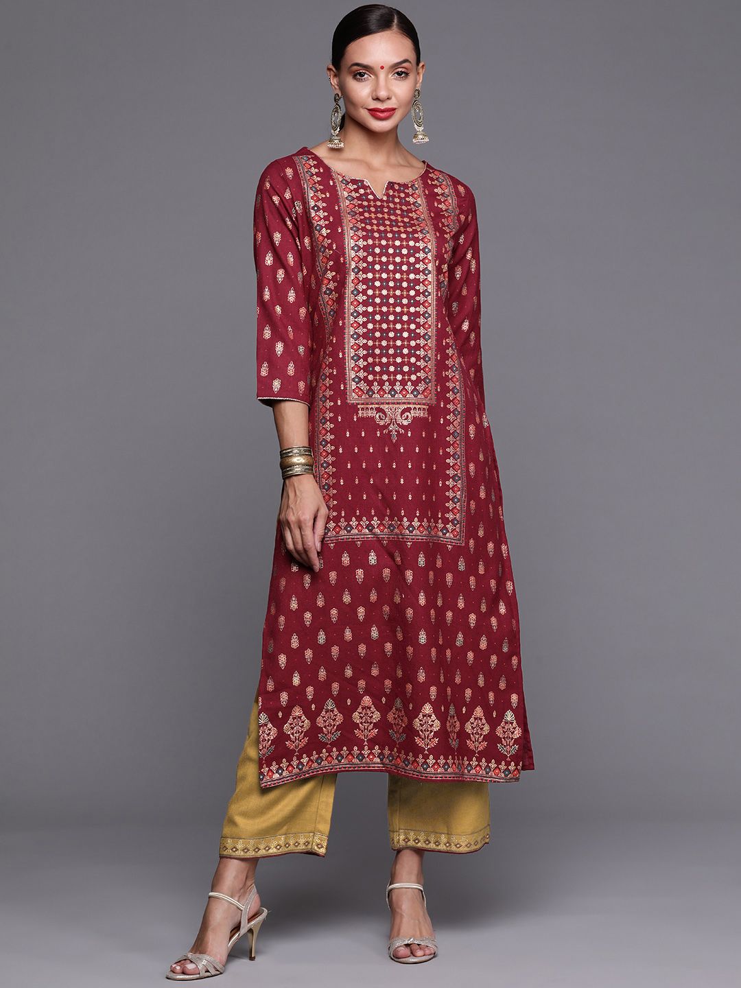 Indyancart IE Women Maroon Ethnic Motifs Printed Kurta with Palazzos