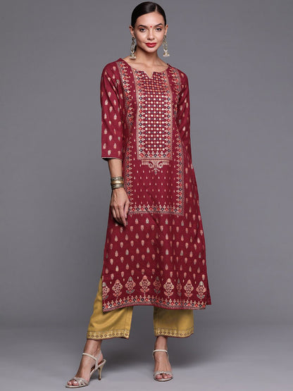 Indyancart IE Women Maroon Ethnic Motifs Printed Kurta with Palazzos