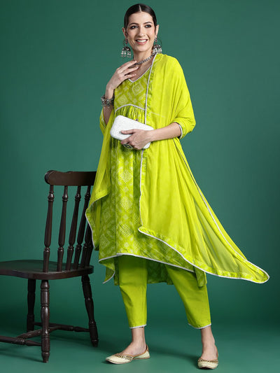 Indyancart IE Women Bandhani Printed Empire Thread Work Pure Cotton Kurta with Trousers & With Dupatta