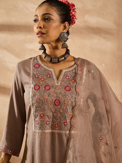 Indyancart IE Women Ethnic Motifs Embroidered Regular Thread Work Kurta with Trousers & With Dupatta