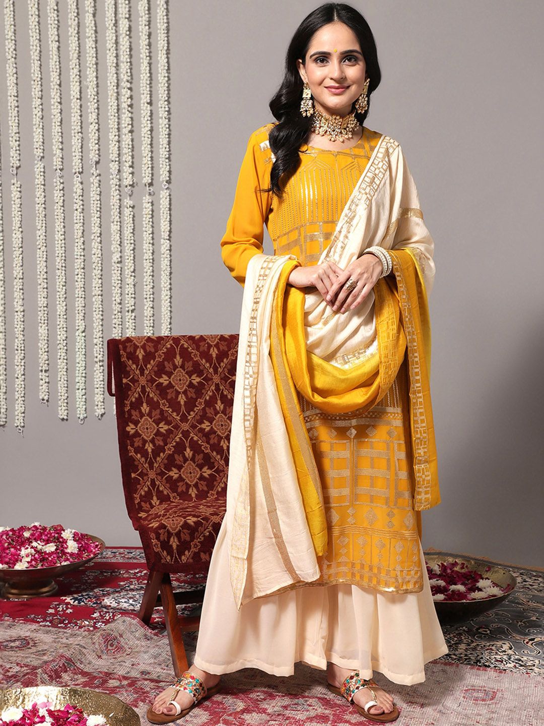 Indyancart VA Women'sEthnic Motifs Embroidered Sequinned Detail Straight Kurta & Sharara With Dupatta