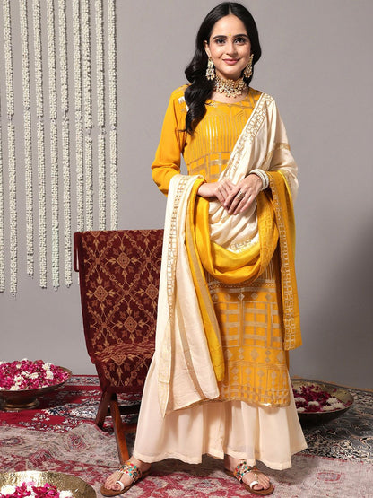Indyancart VA Women'sEthnic Motifs Embroidered Sequinned Detail Straight Kurta & Sharara With Dupatta