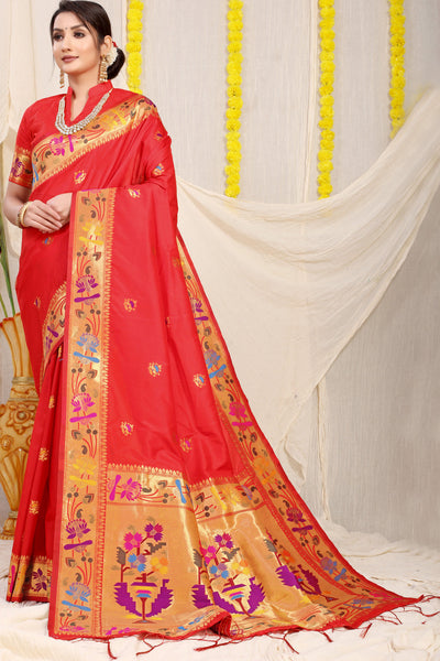 Indyancart GR Women's Lotus Red Zari Paithani Silk Saree