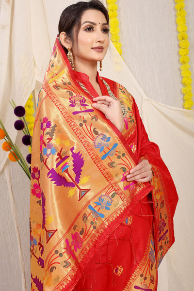 Indyancart GR Women's Lotus Red Zari Paithani Silk Saree