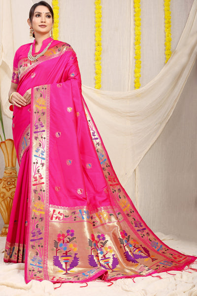 Indyancart GR Women's Lotus Rani Pink Zari Paithani Silk Saree