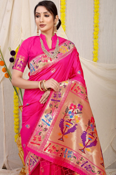 Indyancart GR Women's Lotus Rani Pink Zari Paithani Silk Saree
