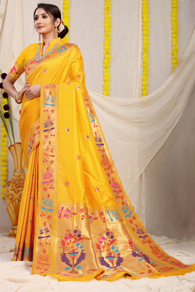 Indyancart GR Women's Lotus Yellow Zari Paithani Silk Saree