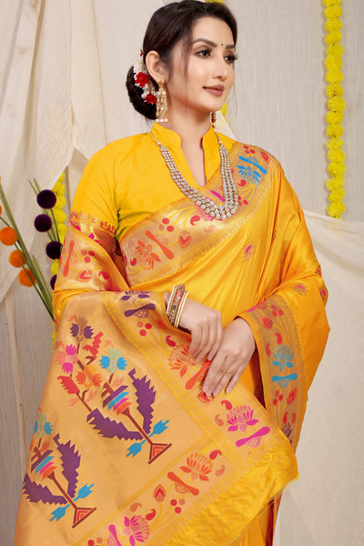 Indyancart GR Women's Lotus Yellow Zari Paithani Silk Saree