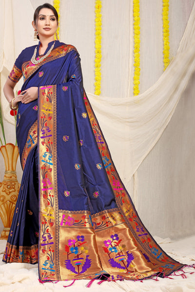 Indyancart GR Women's Lotus Navy Zari Paithani Silk Saree