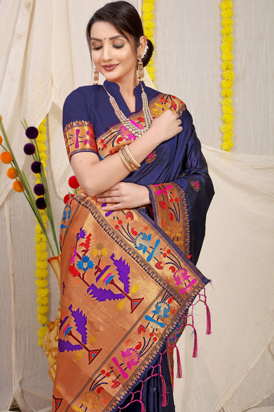 Indyancart GR Women's Lotus Navy Zari Paithani Silk Saree