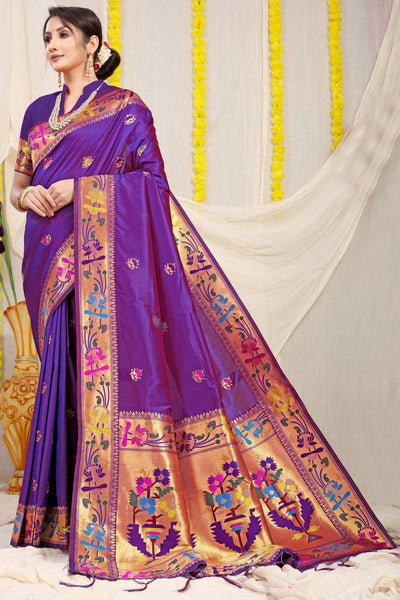 Indyancart GR Women's Lotus Purple Zari Paithani Silk Saree