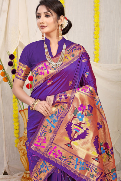 Indyancart GR Women's Lotus Purple Zari Paithani Silk Saree