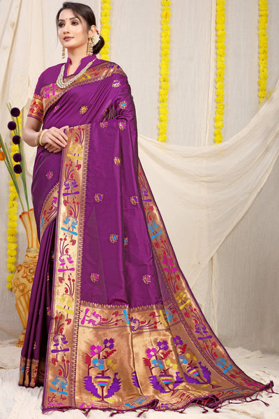 Indyancart GR Women's Lotus Wine Zari Paithani Silk Saree