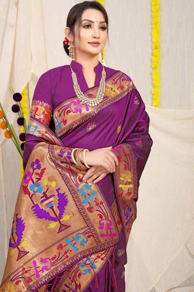 Indyancart GR Women's Lotus Wine Zari Paithani Silk Saree